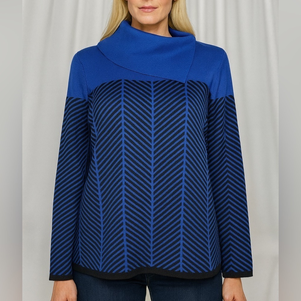 Investments Blue Chevron Knit Sweater Asymmetrical Cowl Neck Top (1089)